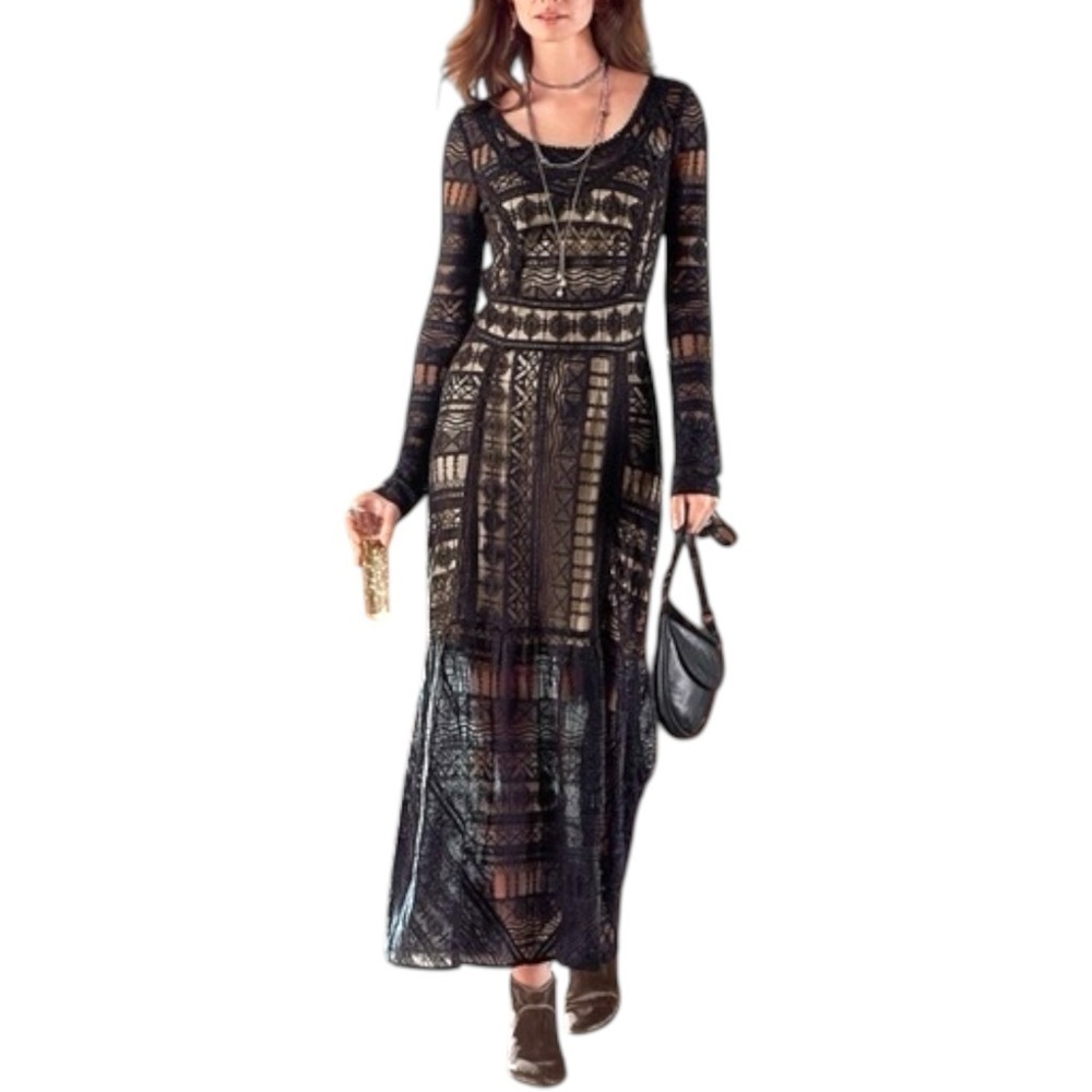 Sundance Long Sleeve Black Crochet Style Lace Maxi Dress Size 2